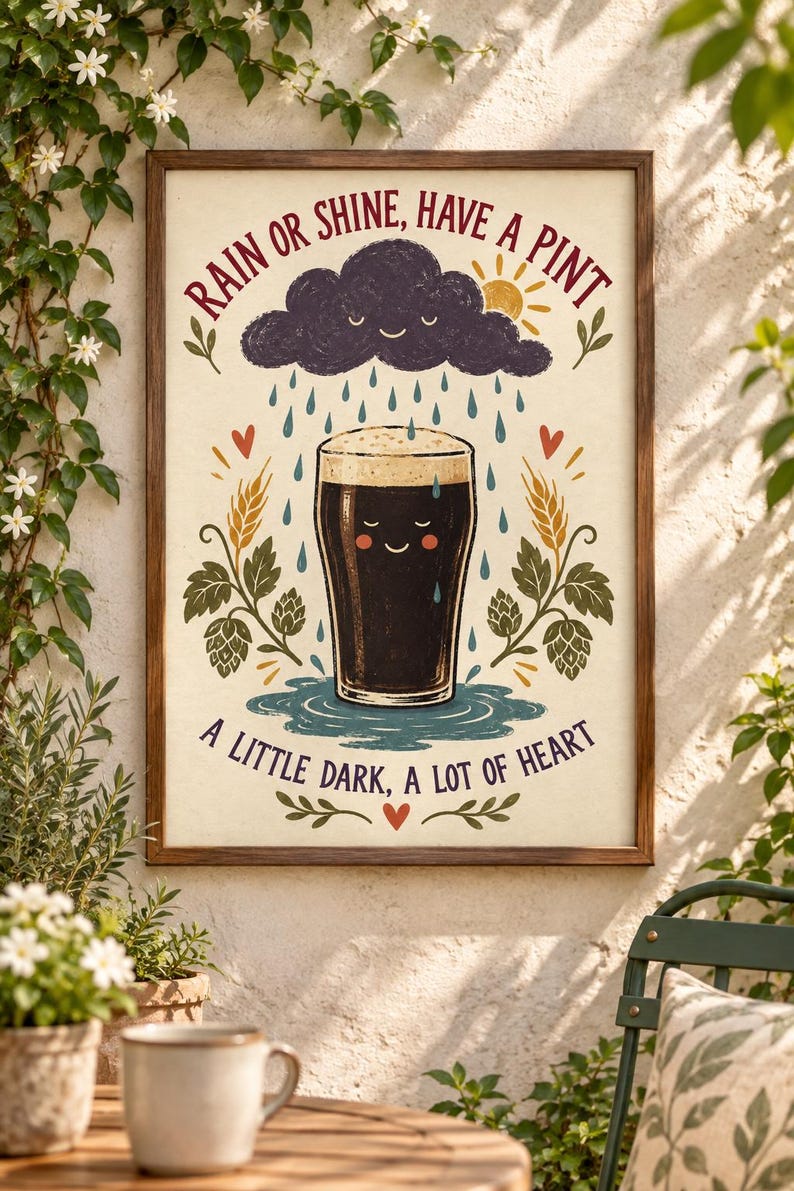 May include: A framed wall art print featuring a dark beer glass with a smiling face, surrounded by rain, a sun, and hops. The text reads: RAIN OR SHINE, HAVE A PINT and A LITTLE DARK, A LOT OF HEART. The illustration uses a cream background with dark colors.