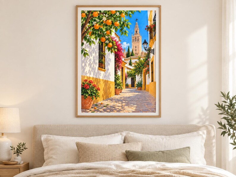 May include: A framed wall art print depicting a sunlit Mediterranean street scene with white and yellow buildings, vibrant orange trees, blooming pink bougainvillea, red potted flowers, and a tall stone bell tower under a clear blue sky.