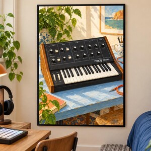May include: A framed wall art print featuring a Moog Prodigy analog synthesizer with a black control panel, white keys, and wooden side panels. The synthesizer is depicted resting on a light blue table surface with green foliage in the background.