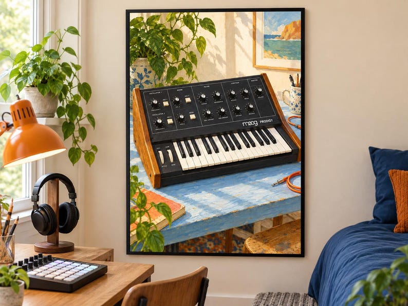 May include: A framed wall art print featuring a Moog Prodigy analog synthesizer with a black control panel, white keys, and wooden side panels. The synthesizer is depicted resting on a light blue table surface with green foliage in the background.