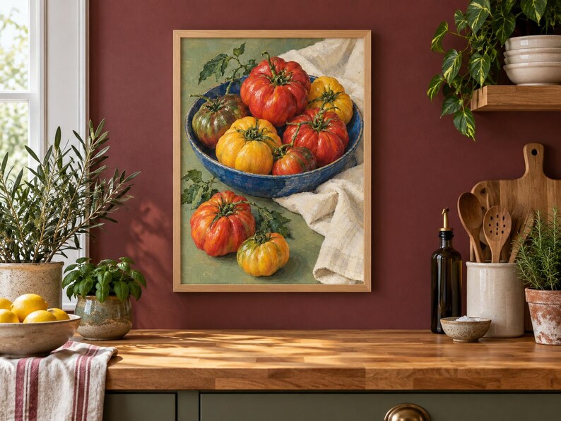 May include: A framed wall art print depicting a collection of heirloom tomatoes in a blue bowl and on a surface. The tomatoes are red, yellow, and green with visible stems and leaves. A white cloth is draped under the bowl, all set against a green background.