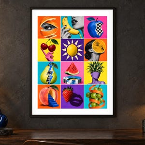 May include: A framed wall art print featuring a grid of twelve surrealist collage panels. The artwork displays vibrant, colorful illustrations of fruits including oranges, bananas, cherries, a watermelon slice, a pear, a peach, a strawberry, and grapes.