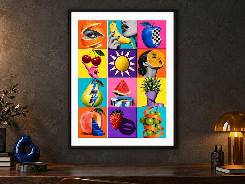 May include: A framed wall art print featuring a grid of twelve surrealist collage panels. The artwork displays vibrant, colorful illustrations of fruits including oranges, bananas, cherries, a watermelon slice, a pear, a peach, a strawberry, and grapes.