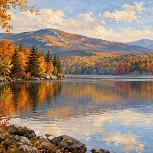 Pode incluir: Uma pintura a &oacute;leo de um lago calmo rodeado por folhagem de outono com &aacute;rvores vibrantes em tons de laranja, amarelo e vermelho. A cena apresenta uma costa rochosa em primeiro plano, uma floresta densa e montanhas distantes sob um c&eacute;u azul.