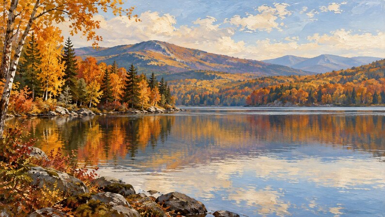Pode incluir: Uma pintura a &oacute;leo de um lago calmo rodeado por folhagem de outono com &aacute;rvores vibrantes em tons de laranja, amarelo e vermelho. A cena apresenta uma costa rochosa em primeiro plano, uma floresta densa e montanhas distantes sob um c&eacute;u azul.
