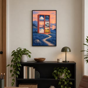 May include: A framed wall art print featuring a red rectangular shelf structure standing in a blue grassy field. The shelf contains six distinct landscape scenes including clouds, rain, a sunset, mountains, and a yellow field under a pink sky.