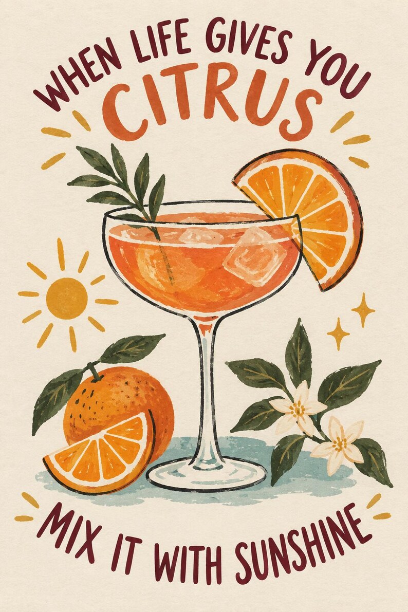 May include: A digital illustration featuring a cocktail glass filled with orange liquid and ice cubes, garnished with an orange slice and a sprig. Text reads: WHEN LIFE GIVES YOU CITRUS MIX IT WITH SUNSHINE. Includes oranges, blossoms, and a sun icon.