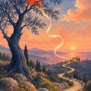 Pu&ograve; includere: Un dipinto paesaggistico con un grande albero nodoso in primo piano e un aquilone rosso a forma di diamante impigliato tra i rami. Un lungo nastro bianco scende dall'aquilone verso un sentiero tortuoso che conduce a una casa vicino al mare.