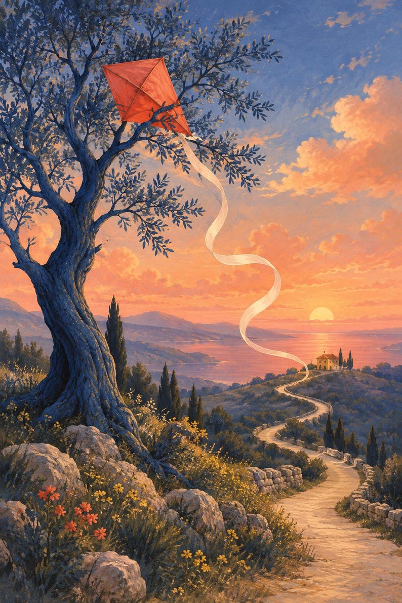 Pu&ograve; includere: Un dipinto paesaggistico con un grande albero nodoso in primo piano e un aquilone rosso a forma di diamante impigliato tra i rami. Un lungo nastro bianco scende dall'aquilone verso un sentiero tortuoso che conduce a una casa vicino al mare.