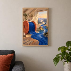 Op de afbeelding: Een ingelijste muurkunstprint met een grote oranje klos blauwe draad op een houten vloer. De draad rolt uit de kamer, stroomt uit een open raam en verandert in een kronkelende rivier door een landschap bij zonsondergang.