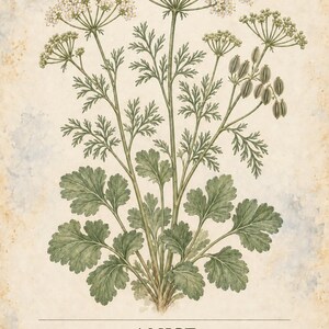 K&ouml;nnte beinhalten: Eine botanische Illustration der Anispflanze, Pimpinella anisum, mit gr&uuml;nen Bl&auml;ttern, wei&szlig;en Doldenbl&uuml;ten und kleinen ovalen Fr&uuml;chten. Der Druck enth&auml;lt den Text HERBARIUM MEDICINAL PLANTS 20/40, ANISE sowie eine beschreibende Bildunterschrift.