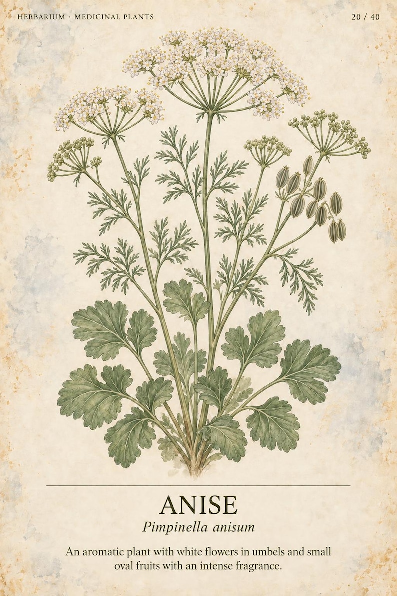 K&ouml;nnte beinhalten: Eine botanische Illustration der Anispflanze, Pimpinella anisum, mit gr&uuml;nen Bl&auml;ttern, wei&szlig;en Doldenbl&uuml;ten und kleinen ovalen Fr&uuml;chten. Der Druck enth&auml;lt den Text HERBARIUM MEDICINAL PLANTS 20/40, ANISE sowie eine beschreibende Bildunterschrift.
