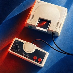 May include: A beige NEC video game console with a square shape and a central disc slot containing a game card. A rectangular beige controller is connected by a black cable, featuring a black faceplate, a directional pad, two red buttons, and Select and Run buttons.