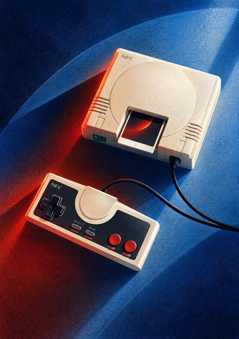 May include: A beige NEC video game console with a square shape and a central disc slot containing a game card. A rectangular beige controller is connected by a black cable, featuring a black faceplate, a directional pad, two red buttons, and Select and Run buttons.
