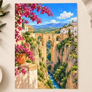 Pu&ograve; includere: Una stampa artistica verticale che raffigura un ponte in pietra che attraversa una profonda gola con un fiume sottostante. Fiori di bouganville rosa brillante crescono in un vaso di terracotta in primo piano, con edifici bianchi e montagne.