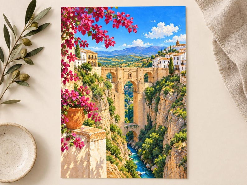 Pu&ograve; includere: Una stampa artistica verticale che raffigura un ponte in pietra che attraversa una profonda gola con un fiume sottostante. Fiori di bouganville rosa brillante crescono in un vaso di terracotta in primo piano, con edifici bianchi e montagne.