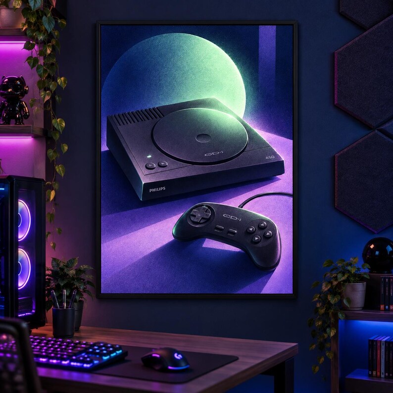 K&ouml;nnte beinhalten: Eine schwarze Philips CD-i 450 Spielkonsole und ein passender schwarzer kabelgebundener Controller sind auf einem gerahmten Poster abgebildet. Die Konsole hat eine runde Disc-Abdeckung, einen Power-Knopf und den Schriftzug CD-i 450. Ein gr&uuml;ner Mond.
