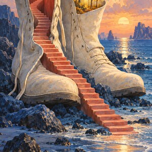 May include: A surreal artwork featuring a giant, weathered off-white boot resting on a rocky shoreline. A set of red stairs leads from the water up into the boot, which contains a glowing interior staircase and a forest landscape under a sunset sky.