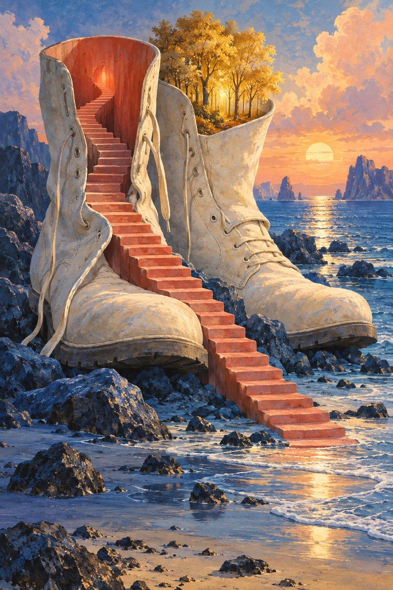 May include: A surreal artwork featuring a giant, weathered off-white boot resting on a rocky shoreline. A set of red stairs leads from the water up into the boot, which contains a glowing interior staircase and a forest landscape under a sunset sky.