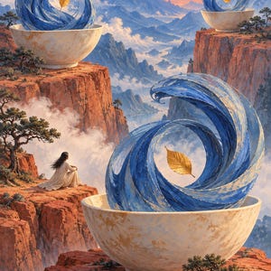Pode incluir: Uma pintura de paisagem surrealista com tr&ecirc;s grandes ta&ccedil;as de cor branco-sujo sobre fal&eacute;sias rochosas vermelhas. Cada ta&ccedil;a cont&eacute;m uma forma de onda azul texturizada e girat&oacute;ria com uma &uacute;nica folha dourada flutuante ao fundo.