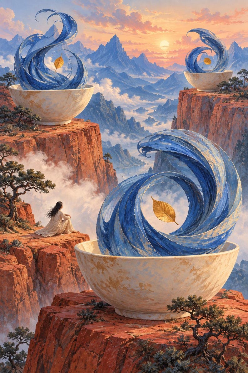 Pode incluir: Uma pintura de paisagem surrealista com tr&ecirc;s grandes ta&ccedil;as de cor branco-sujo sobre fal&eacute;sias rochosas vermelhas. Cada ta&ccedil;a cont&eacute;m uma forma de onda azul texturizada e girat&oacute;ria com uma &uacute;nica folha dourada flutuante ao fundo.