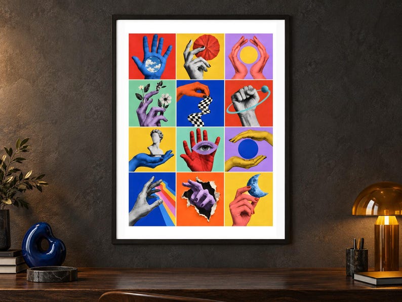 May include: A framed wall art print featuring a grid of twelve colorful collage panels. Each panel displays a hand interacting with various objects including a blue sky, a red flower, a yellow sun, white flowers, a checkered ribbon, a planet, a bust, an eye, a blue sphere, a rainbow, a torn paper edge, and a blue crescent moon.
