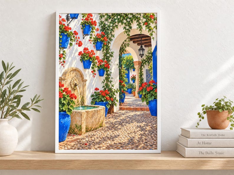 May include: A framed wall art print depicting a sunlit Mediterranean courtyard with a stone fountain, vibrant red geraniums in bright blue ceramic pots, climbing green vines, and a cobblestone path leading through a white arched stone entryway.
