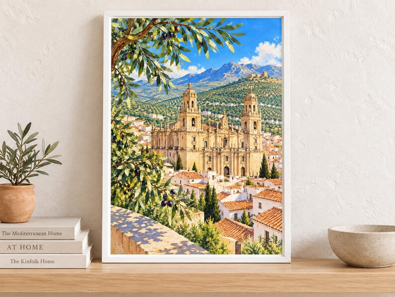 May include: A framed wall art print depicting a large stone cathedral with two towers, situated in a town with terracotta-roofed buildings, set against a backdrop of green hills and mountains under a bright blue sky with olive branches in the foreground.