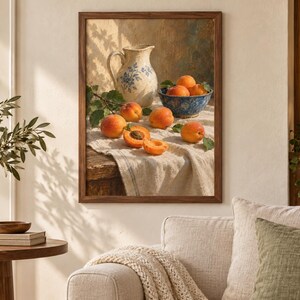 May include: A framed wall art print depicting a still life scene with a cream-colored ceramic pitcher featuring blue floral patterns, a blue patterned bowl filled with fresh orange apricots, and several loose apricots on a textured white cloth.
