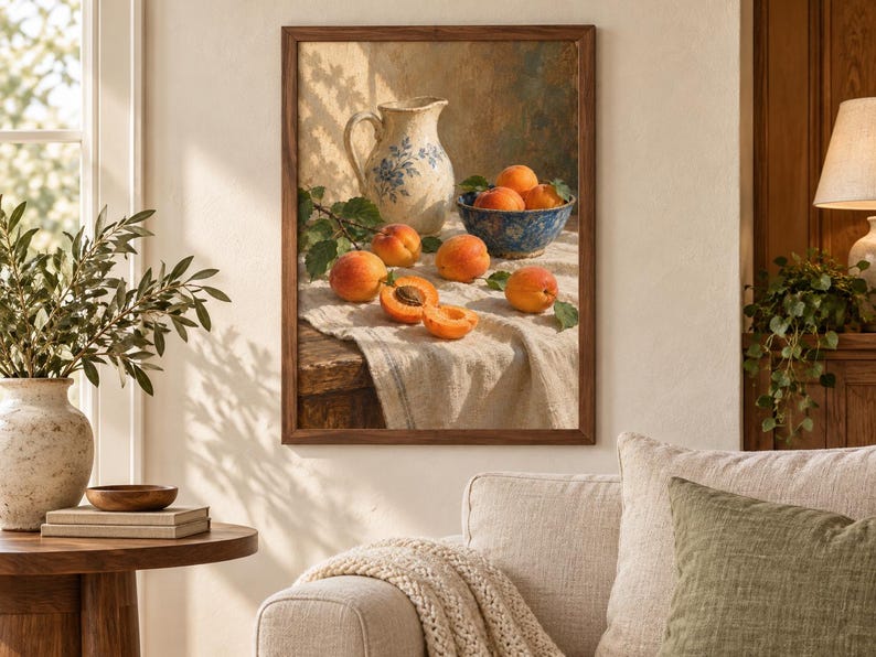 May include: A framed wall art print depicting a still life scene with a cream-colored ceramic pitcher featuring blue floral patterns, a blue patterned bowl filled with fresh orange apricots, and several loose apricots on a textured white cloth.