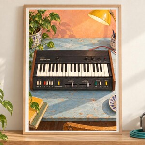 May include: A black Korg miniKORG 700S synthesizer with white and black keys, wooden side panels, and a control panel featuring various knobs, switches, and sliders, displayed as a framed print on a wooden surface.