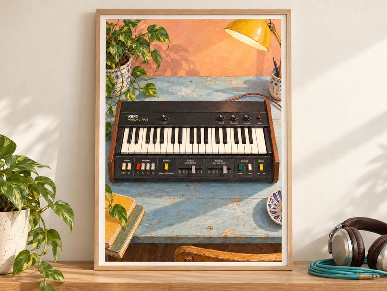 May include: A black Korg miniKORG 700S synthesizer with white and black keys, wooden side panels, and a control panel featuring various knobs, switches, and sliders, displayed as a framed print on a wooden surface.