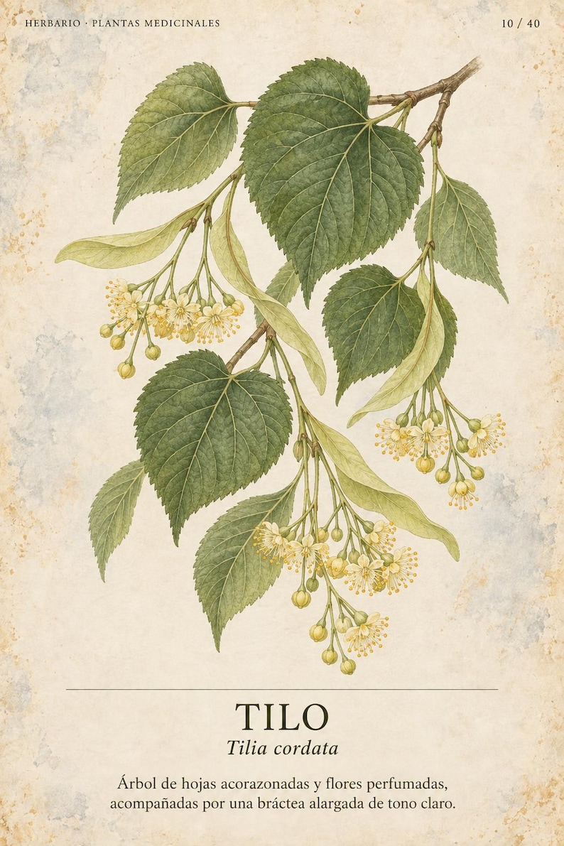 Puede incluir: Una ilustraci&oacute;n bot&aacute;nica de una rama de Tilia cordata con hojas verdes acorazonadas y racimos de peque&ntilde;as flores amarillas con br&aacute;cteas claras. La l&aacute;mina incluye el texto HERBARIO PLANTAS MEDICINALES 10/40, TILO, Tilia cordata y una descripci&oacute;n.