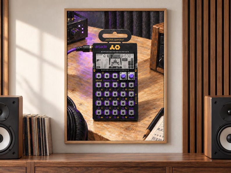 May include: A black pocket operator arcade synthesizer featuring a grid of sixteen buttons with purple accents, a small monochrome LCD screen displaying digital graphics, and a purple audio cable connected to the top left input port.
