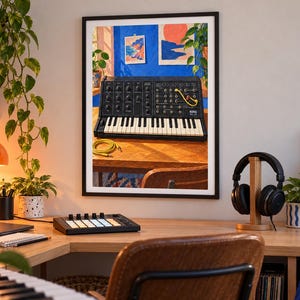 May include: A framed wall art print depicting a black Korg MS-20 analog synthesizer with a yellow patch cable, resting on a wooden desk. The artwork features a vibrant blue wall background with two smaller framed landscape paintings.