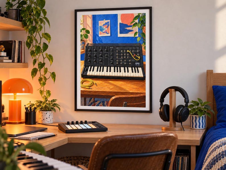 May include: A framed wall art print depicting a black Korg MS-20 analog synthesizer with a yellow patch cable, resting on a wooden desk. The artwork features a vibrant blue wall background with two smaller framed landscape paintings.