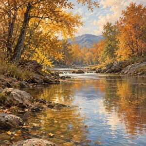 K&ouml;nnte beinhalten: Ein &Ouml;lgem&auml;lde eines Flusses, der durch eine herbstliche Landschaft flie&szlig;t. Die Szene zeigt B&auml;ume mit leuchtend gelbem und orangefarbenem Laub, gro&szlig;e graue Felsen am Flussufer und ein fernes Gebirge unter einem blauen Himmel mit wei&szlig;en Wolken.