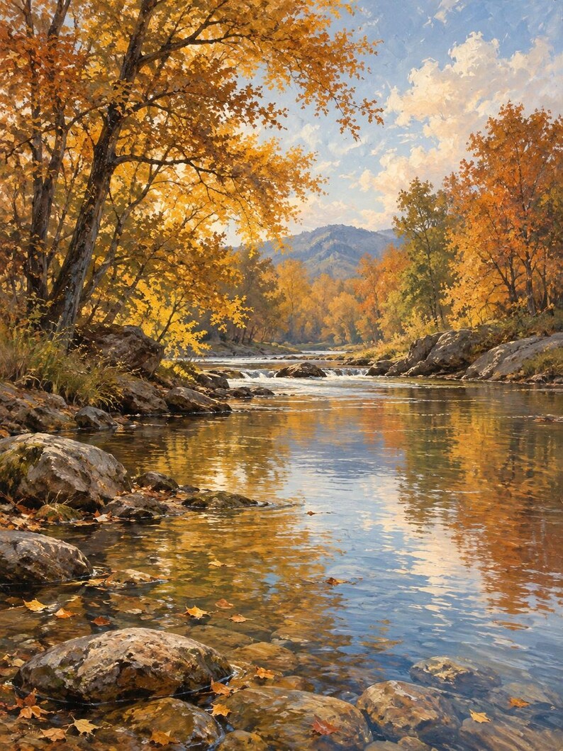 K&ouml;nnte beinhalten: Ein &Ouml;lgem&auml;lde eines Flusses, der durch eine herbstliche Landschaft flie&szlig;t. Die Szene zeigt B&auml;ume mit leuchtend gelbem und orangefarbenem Laub, gro&szlig;e graue Felsen am Flussufer und ein fernes Gebirge unter einem blauen Himmel mit wei&szlig;en Wolken.