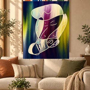 May include: A rectangular wall art print featuring an abstract composition with a central white continuous line drawing of a face layered over a vertical gradient background of deep blue, purple, and bright yellow-green brushstrokes.