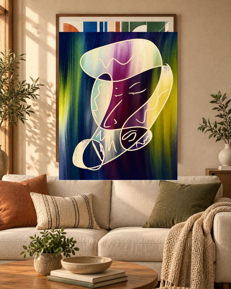 May include: A rectangular wall art print featuring an abstract composition with a central white continuous line drawing of a face layered over a vertical gradient background of deep blue, purple, and bright yellow-green brushstrokes.