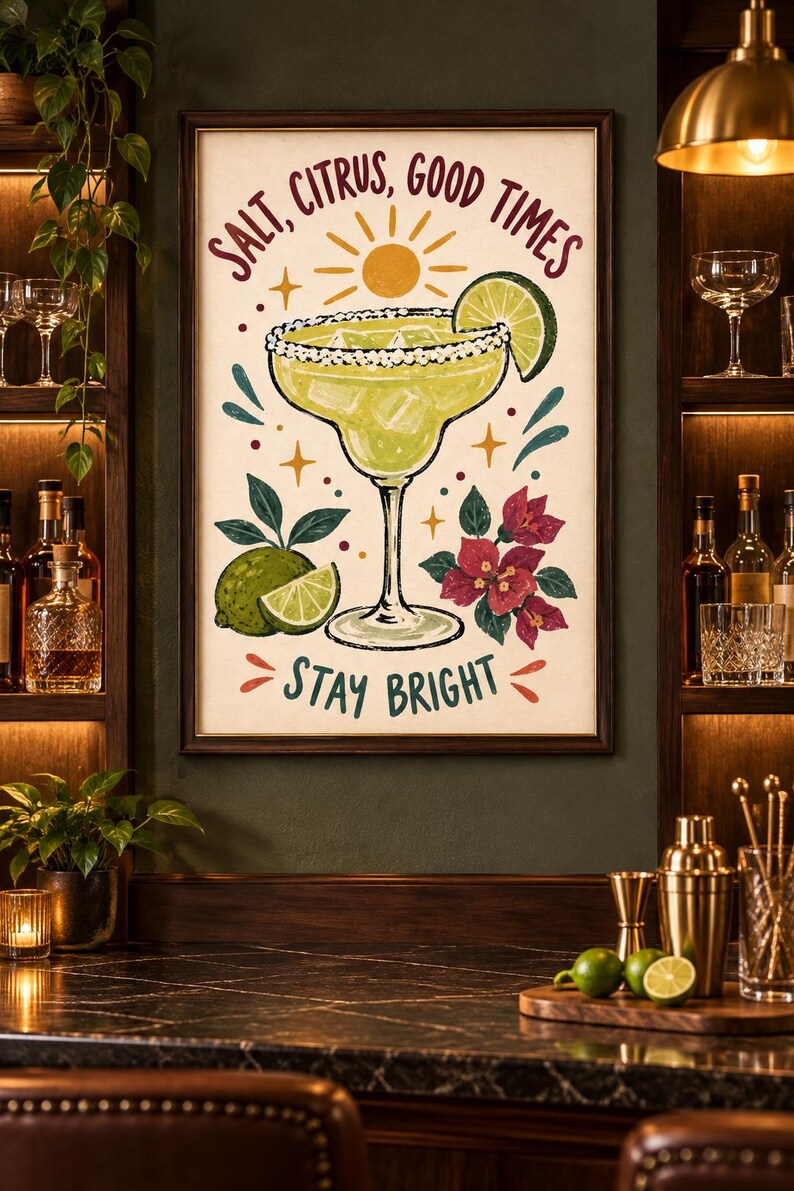 May include: A framed wall art print featuring a margarita in a glass with a salted rim, a lime wedge, and ice cubes. The text reads SALT, CITRUS, GOOD TIMES and STAY BRIGHT. The illustration includes a yellow sun, lime fruit, and pink flowers.