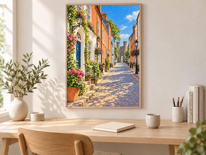 May include: A framed wall art print depicting a cobblestone street lined with brick buildings, vibrant pink and white flowers in terracotta pots, climbing greenery, a blue door, and a stone castle gatehouse under a bright blue sky.