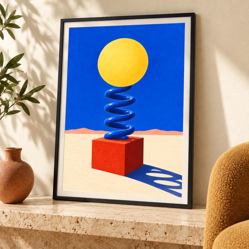 Puede incluir: Una l&aacute;mina art&iacute;stica enmarcada que muestra un paisaje surrealista con un cubo rojo sobre un suelo des&eacute;rtico beige. Un muelle azul en espiral se asienta sobre el cubo, sosteniendo una gran esfera amarilla bajo un cielo azul intenso. Incluye una sombra.