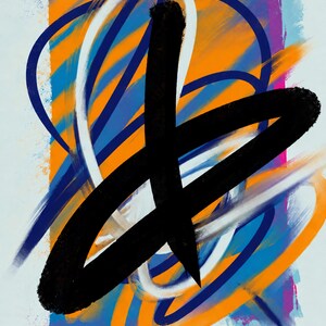 Pode incluir: Uma pintura abstrata com pinceladas ousadas e amplas em preto, branco e azul sobre um fundo vibrante laranja e azul. A composi&ccedil;&atilde;o consiste em linhas curvas que se cruzam e marcas escuras e espessas sobre uma superf&iacute;cie clara.