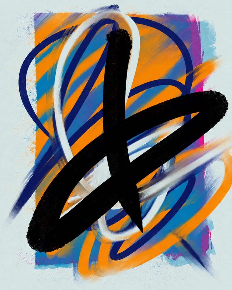 Pode incluir: Uma pintura abstrata com pinceladas ousadas e amplas em preto, branco e azul sobre um fundo vibrante laranja e azul. A composi&ccedil;&atilde;o consiste em linhas curvas que se cruzam e marcas escuras e espessas sobre uma superf&iacute;cie clara.