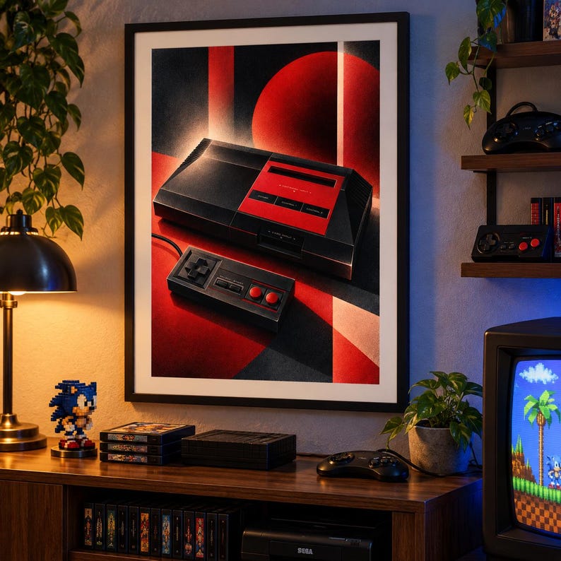 Puede incluir: Una l&aacute;mina art&iacute;stica enmarcada que muestra una consola de videojuegos retro negra y roja con un mando a juego. El dise&ntilde;o utiliza formas geom&eacute;tricas audaces en rojo, negro y blanco, con un efecto de luz brillante detr&aacute;s de la consola.