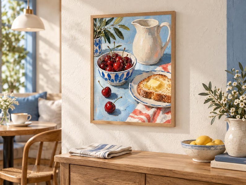 May include: A framed oil painting depicting a still life scene on a light blue surface. The composition features a white ceramic pitcher, a bowl filled with red cherries, two loose cherries, and a slice of toasted bread topped with butter.