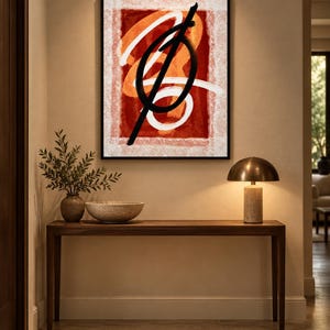 May include: A rectangular framed wall art piece featuring an abstract composition with a deep red central block, layered with bold white swirling brushstrokes and a prominent, thick black diagonal line crossing through a circular black shape.