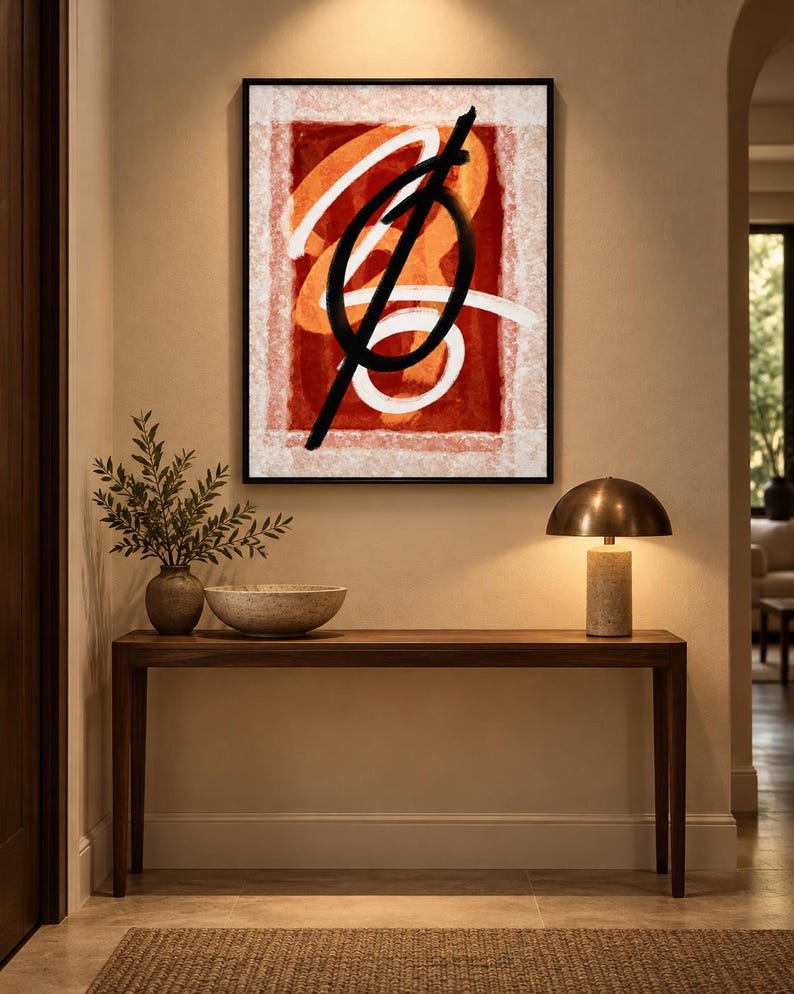 May include: A rectangular framed wall art piece featuring an abstract composition with a deep red central block, layered with bold white swirling brushstrokes and a prominent, thick black diagonal line crossing through a circular black shape.