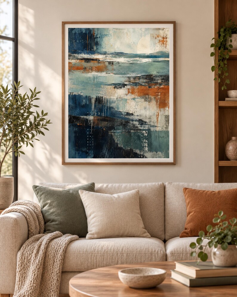 Op de afbeelding: Een ingelijste abstracte muurkunstprint met een gelaagde compositie van diep marineblauw, groenblauw en gebrande oranje tinten met gestructureerde penseelstreken en witte accenten, gepresenteerd in een eenvoudige houten lijst.